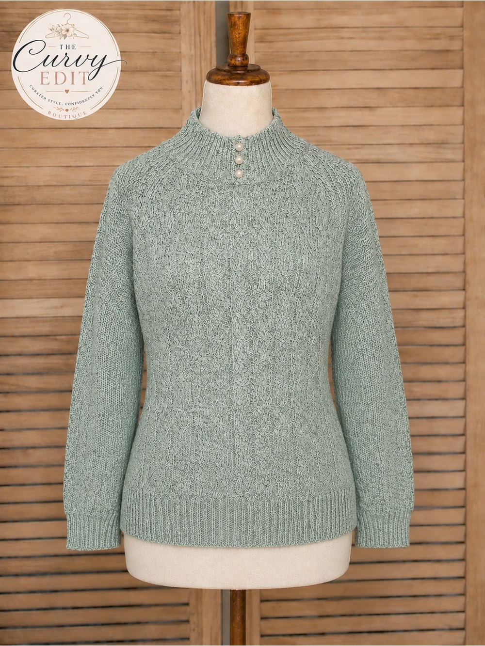 Rebecca Malone Sage Cable Knit Mock Neck Sweater Pearl Buttons Size Large Cozy
